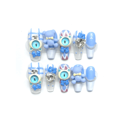 BESTIE BLUE - Blue 3D Short Round Press-ons Handmade Nails