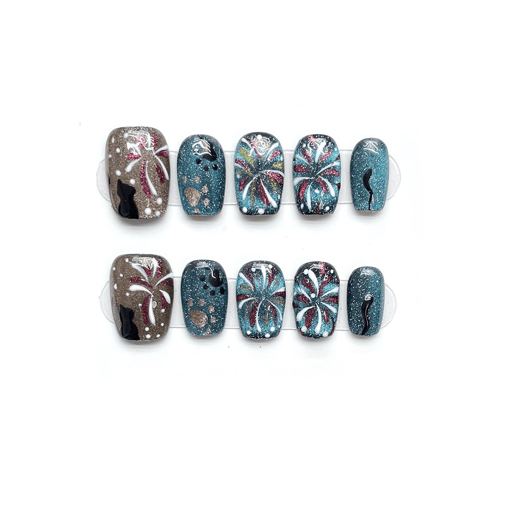 BLUE BOOM - Fireworks Cat Eye Short Coffin Press-on Nail