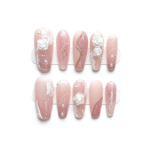 IVORY BLOOMS - White Camellia Medium Coffin Press-on Nail