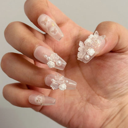 CRYSTAL CAMELLIAS - 3D Medium Coffin Handmade Press-on Nails